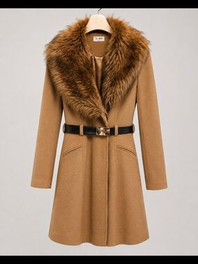 Miss Selfridge Camel Coat with Faux Fur Trim and Black Belt